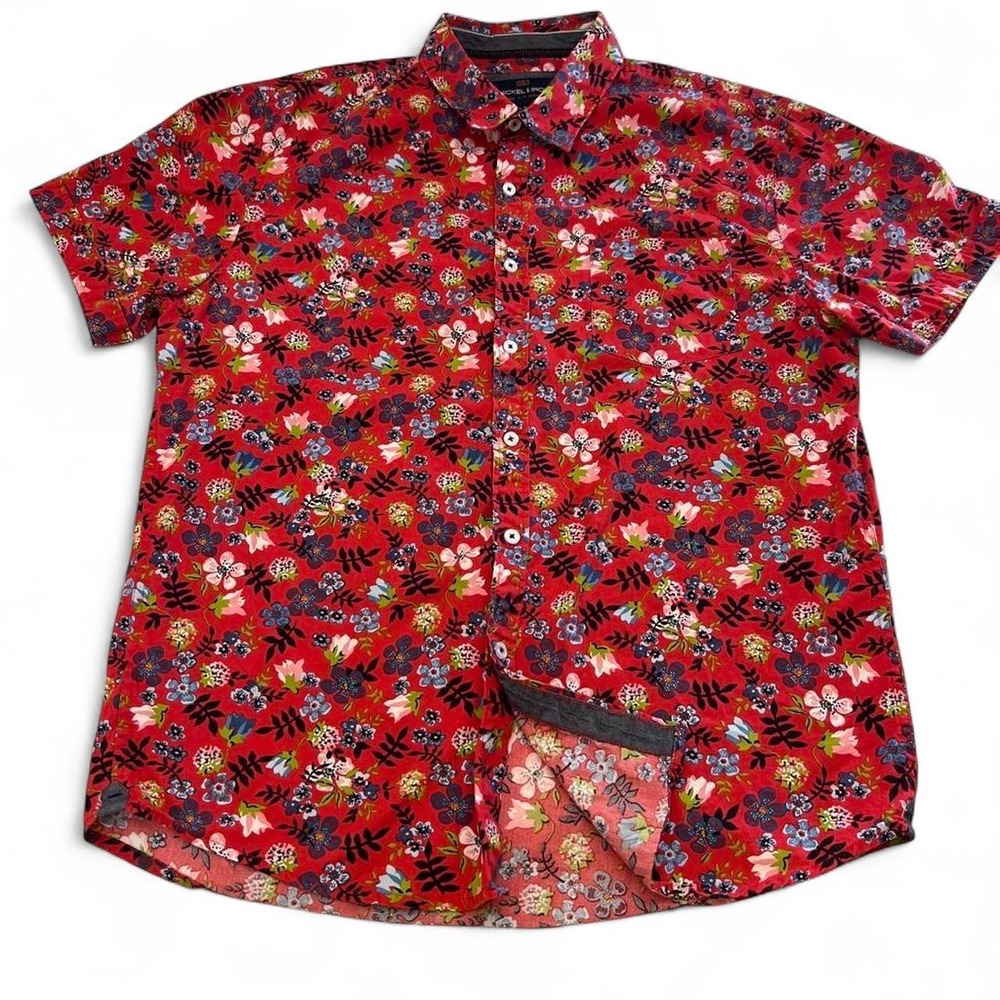 Nickel & Iron Mens Large Red Floral Short Sleeve Button Down Cotton Shirt L